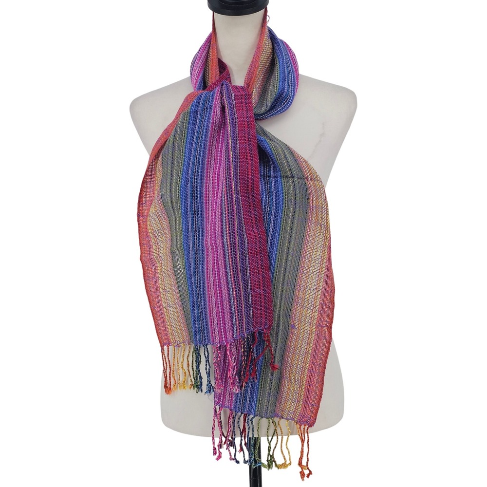 100% Alpaca Scarf OS Multicolor Striped Bohemian Artisan Fringe Rainbow Bolivia